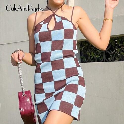 Vintage Plaid Y2K Summer Mini Knitted Dress Women Harajuku Hollow Out Halter Dress Aesthetic Korean Bodycon Cloth Cuteandpsycho