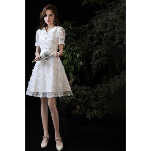 Bridesmaids Dress Vintage V-Neck Short A-Line Pearls Tulle Lace Embroidery Knee-Length Luxury White Lady Wedding Party Gown E768