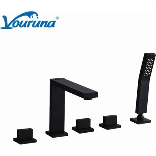 VOURUNA Square Style Black 5 holes Deck Mounted Tub Faucet Bathtub Filler Mixer Tap With Handshower Set