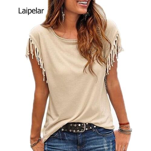 Women Cotton Tassel Casual T-shirt Sleeveless Solid Color Tees Short Sleeve O-neck Womens Clothing T Shirt Hot Sales In 2020