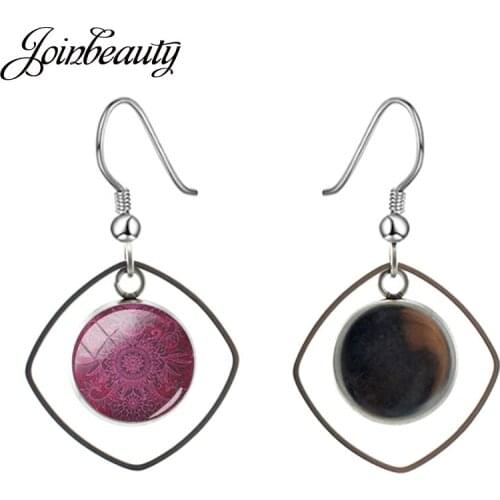 JOINBEAUTY Bohemia Mandala Photo Women Square Dangle Drop Earring Glass Cabochon Geometry Pendant Earrings Religion Jewelry A186