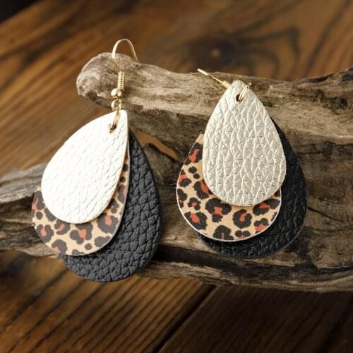 2020 New Simple Three Layers Water Drop Cheetah PU Leather Multilayer Leopard Tears Drop Earrings for Women