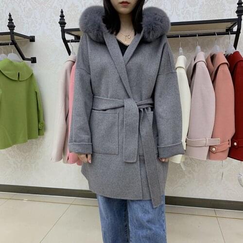 Outwear Real Cashmere Woolen Coat With Natural Fox Fur Hoodie Ladies Real Fur with Belt Oversize Coats