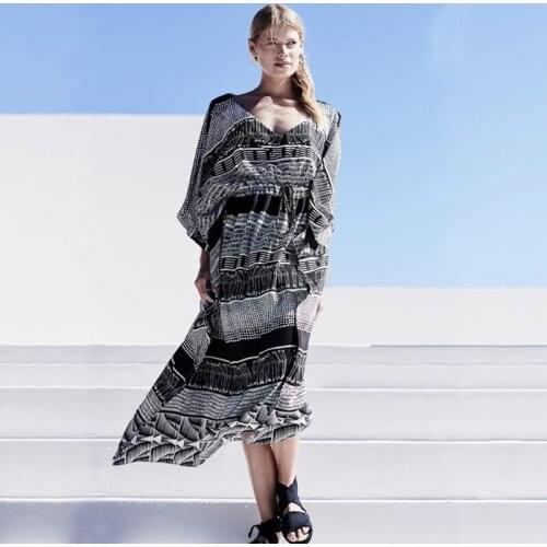 2021 Summer Womens Smock Middle Sleeve Stripe Printing Loose Robe Dress Beach Blouse Female Beachwear Ladies Cover Ups