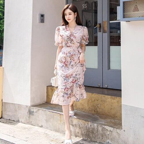 New arrival fashion fresh print v-neck trumpet dress women elegant chiffon temperament work style high quality mermaid dress