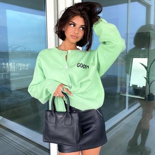 Winter Green Cardigan Long Sleeve Letter Print Sweater Cardigan Baseball Button Up Casual Fall 2021 Streetwear Missnight