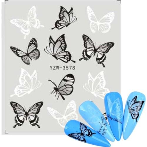 1pcs Nail Art Stickers Slider Black White Butterfly Transfer Water Colorful Floral Manicure Decals Nail Art Decor Foil Tattoos