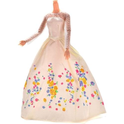 1Pcs Wholesale Fashion White Lace Handmake Flower Print Doll Dress Wedding Dress Clothing Gown For Bar-bie Doll Clothes