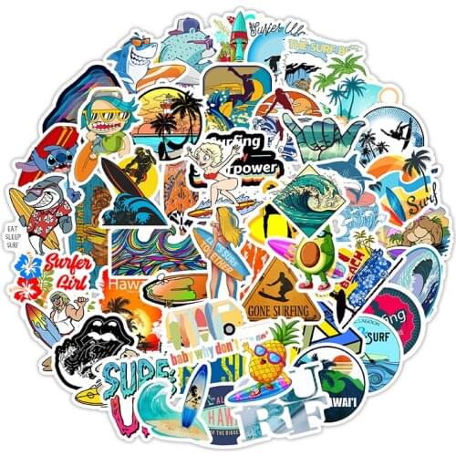 50pcs Creative Surfing Waterproof Suitcase Bike Motorcycle Helmet Car Styling Accessories Stickers