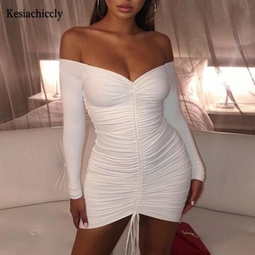 Kesiachiccly White Ruched Pleated Bodycon Dress Women Drawstring Long Sleeve Mini Party Dress Basic Skinny Casual Dress Short