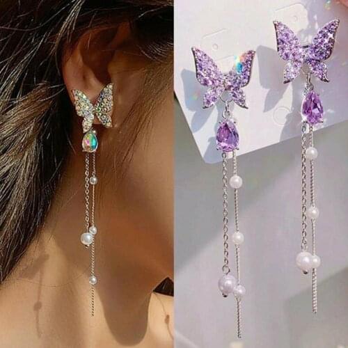Shiny Rhinestone purple Butterfly Drop Earrings For Women Elegant Pearl Dangle Tassel Earring Female Party Jewelry