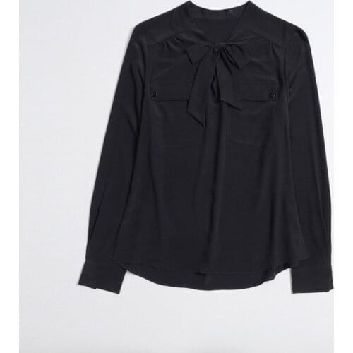 Womens Long Sleeve Blouse with Bow Tie Double Pockets Simple Loose Shirt 2021 Spring Autumn Office Ladies Silk Shirt Tops