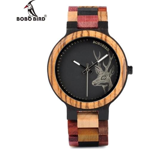 BOBO BIRD P14-2 Deer Collection Wood Watches Date and Week Display Quartz Men Watch with Unique Mixed Color Wooden Band