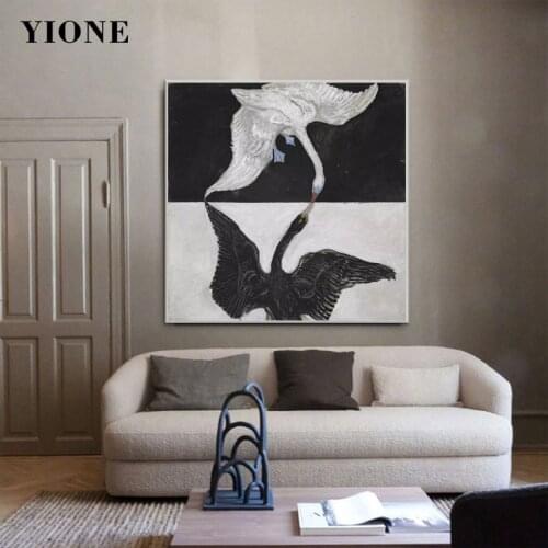 Black and White Swan Canvas Art Oil Painting Modern Animal Lover Kiss Wall Poster Decoration Picture Prints for Living Bedroom