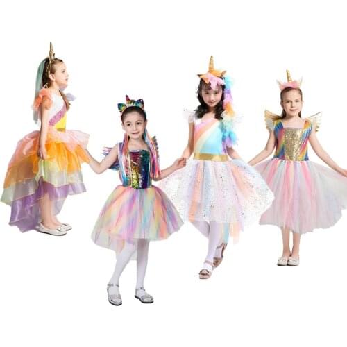 Childrrns Birthday Party Unicorn Dresses for Girls Rainbow Tailing Tutu Dress with Headband wings Kid Halloween Canival Clothes
