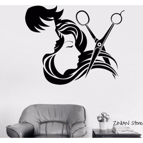 Man and Girl Long Hair Scissors Tools Art Decal Wall Sticker Barber Shop Decor Grooming Salon Wall Decal Vinyl Sticker H336