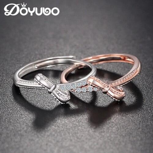DOYUBO Adjustable Size Womens 925 Sterling Silver Bowknot Wedding Bands Rose Gold Color Fashion Silver Engagement Jewelry VB450
