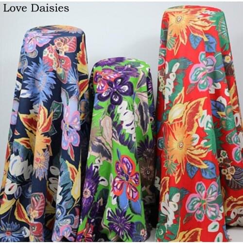Cotton/linen ethnic style RED GREEN DARK BLUE big flowers leavesl fabrics for DIY handwork APPAREL dress cushion handwork decor
