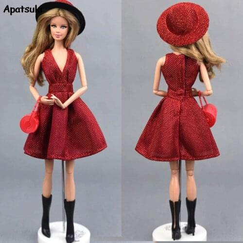 Doll Dress For Barbie Doll Clothes Outfit V neck Party Gown For Barbie Dollhouse Hat Shoes Boots Glasses 1/6 Doll Accessories