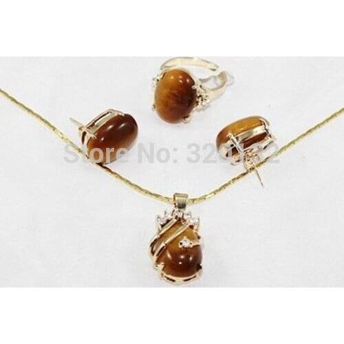 Hot selling> >>Nobility Womans Inlay Tigers Eye Necklace Earring Ring Natural stone set Wholesale Plated gold -Br