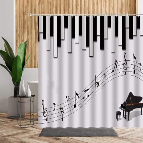 Music Creative Shower Curtain Piano Key Bathroom Home Decor Set 3D Black And White Art Bath Cloth Waterproof Curtains With Hook