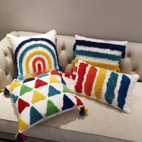 Handmade Nordic Geometric Abstraction Rainbow Square Cushion Cover Ethnic Bohemian 3D Embroidery Pillowcase Home Sofa Decoration