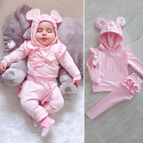 CANIS Autumn Baby Girl Tracksuit Long Sleeve Ruffles Solid Lovely Hooded Shirt Top Pants Trousers Outfit Clothes Set 0-24M