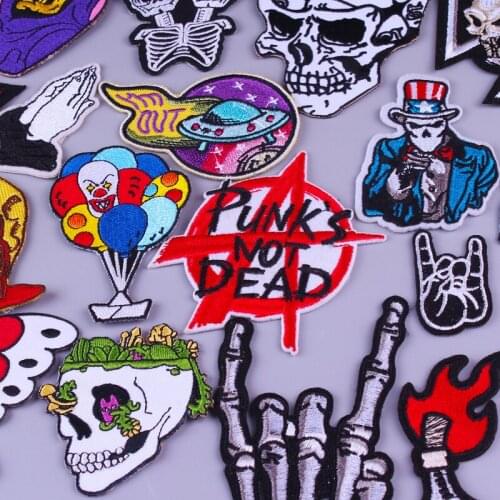 Punk Skull Patch Letter Iron on Patches On Clothes Hippie Rock Stripes Embroidered Patches For Clothing Biker Clothing Appliques