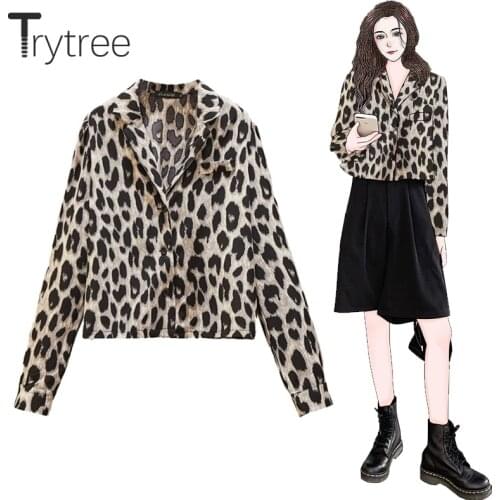 Trytree 2020 Spring Autumn Casual Leopard Blouse Women Streetwear Notched Lapel Womens Shirts Fashion Short Top Woman Coat Thin