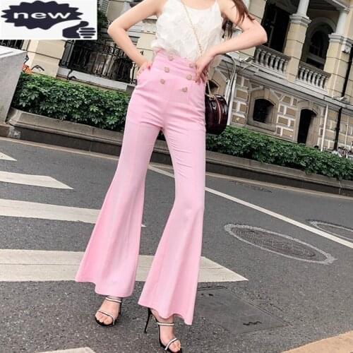 Summer New Brand Fashion Waist Double Breasted Womens Flare Pants High Street Full Length Slim Office Ladies Pink Trousers