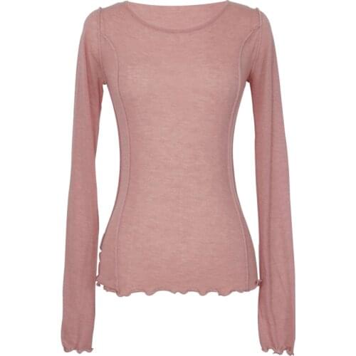 Female Casual Tops Ruffles Sexy Thin T-Shirt See Through Slim High Quality Plain T Shirt Women Cotton Elastic Basic T-Shirts