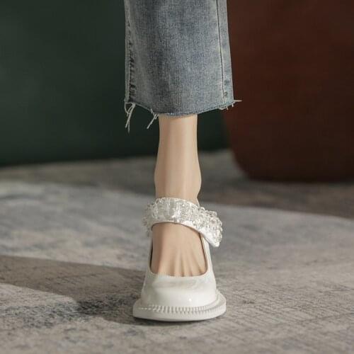 Koovan Womens Pumps 2021 New White Paint Diamond Mary Jane Shoes Thick Heel Leather Shoes Institute Wind Uniform Shoes Single