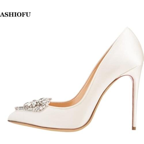 ASHIOFU Handmade Hot Sale Ladies High Heel Pumps Crystal-heart Party Wedding Shoes Slip-on Sexy Evening Fashion Pumps Shoes