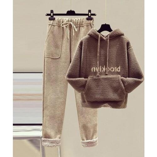 Female Wool Suit Loose Plus Velvet Padded Faux Lamb Wool Pants Two Piece Set Winter Tracksuit For Women S-3XL