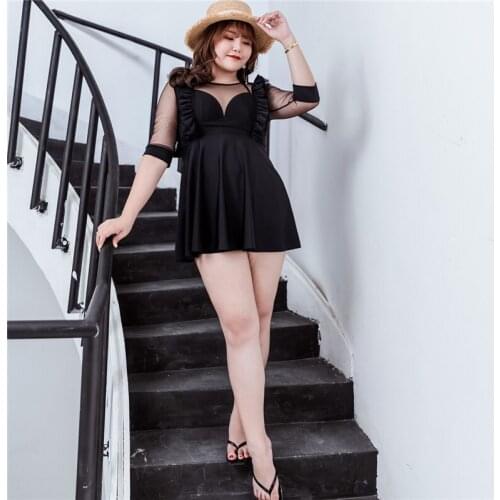 Plus Size One-Piece Swimsuit Women Fashion Sleeve Swimsuit Short Skirt Beach Swimsuit