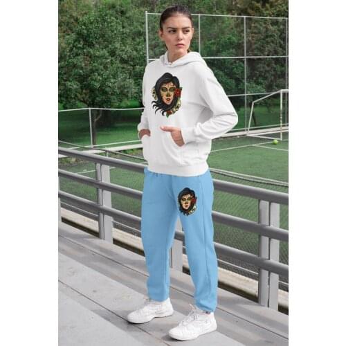 Angemiel Wear Ruhani Meksikalı Beautiful Women Tracksuit Set White Hooded Sweatshirt Blue Sweatpants