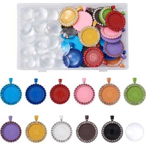 22pcs Tray: 25mm Alloy Rhinestone Pendant Cabochon Settings Plain Edge Bezel Cups and Glass Cabochons for Jewelry