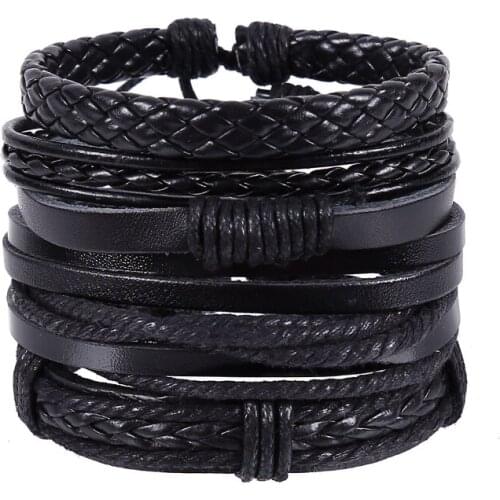 4pcs/set hippie punk classic all black leather cord knots pattern wrap wide Bracelets Bangles for man hand jewelry dropshipping