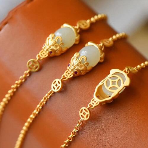 Natural Hetian Jade Pi Xiu Bracelet S925 Sterling Silver Inlaid Ancient Art-Style Elegant Womens Lucky Bracelet to Give Mom