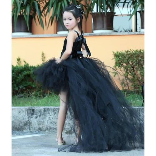 Princess Black Dress for Girls Knee Length Dress Kids Long Tail Bridesmaid Wedding Halloween Party Dress Tutu Ball Gown 4T 12