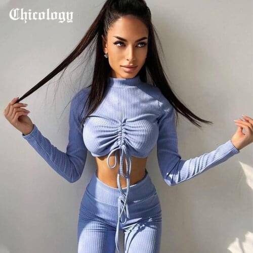 Chicology 2021 Fall Women 2 Pieces Sets Ribbed Knitted Drawstring Long Sleeve Round Neck Top Bodycon Stretchy Yoga Pants Suits