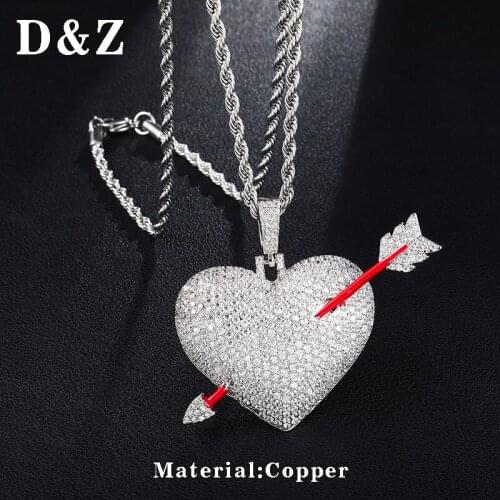 D&Z Micro Paved AAA+ Cubic Zircon Love Heart with Arrow Necklace for Men Hip Hop Jewelry