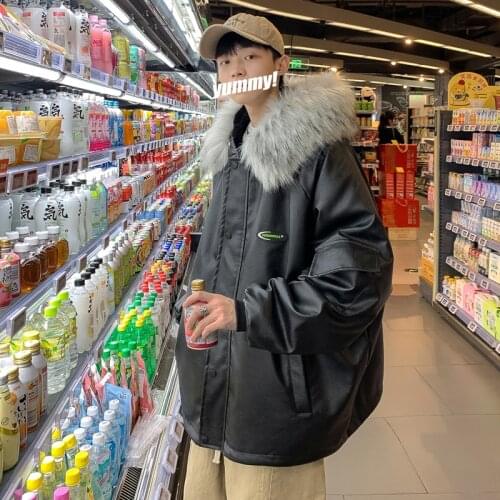 Mens Faux Leather Thick Warm Wool Lining Parkas Coat Hooded With Big Fur Collar Loose Plus Size XXXL A10