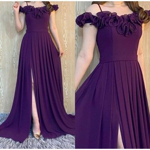 Elegant Off Shoulder Chiffon Purple Evening Dresses Long A-Line Sweep Train Corset Back Abendkleider Robes De Soirée for Women