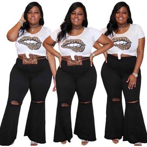 European and American plus size womens fashion all-match slim fit knee hole stretch fat MM mother jeans flared pants