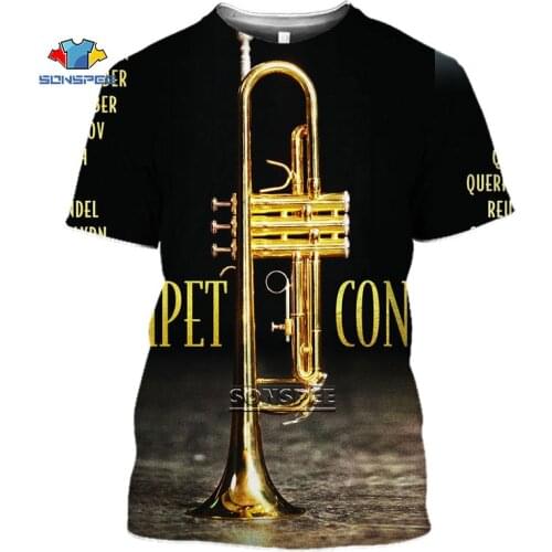 SONSPEE 3D Print Trumpet Brass Mens T-shirt Classic Music Instruments T shirt Summer Casual Shirt Unisex Hip Hop Tee Streetwear