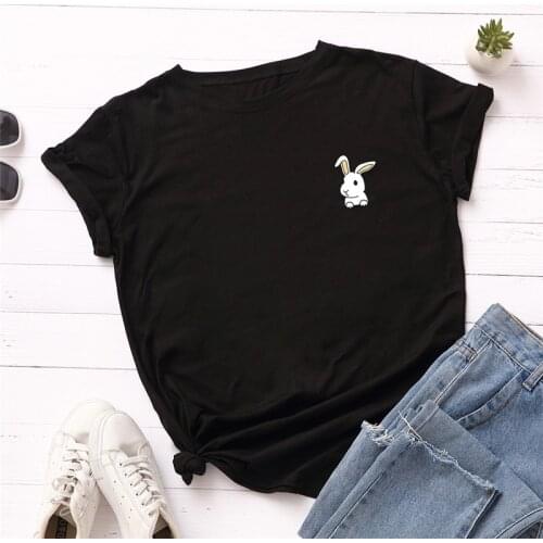 Stock Sale Women T-Shirt Lovely Rabbit Print T Shirt O Neck Short Sleeve Tees Summer Female Shirts Fashion Wholesal 100% Cotton