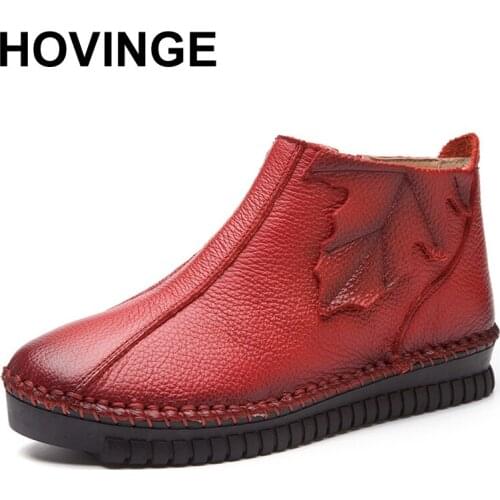 HOVINGE 2018 Winter Leisure Handmade Retro Ankle Genuine Leather Shoes Vintage Cowhide Soft Warm Short Boots
