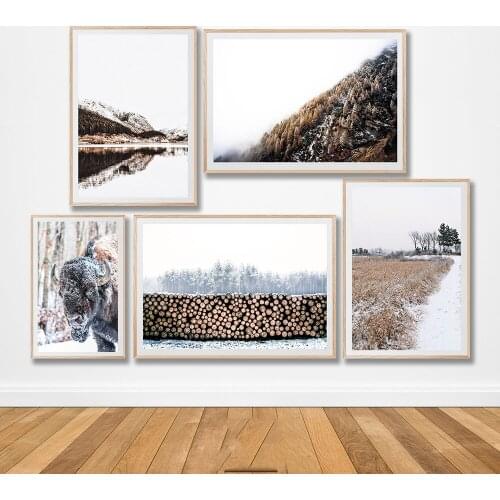 Cow Forest Tree mountain Snow Sence Winter Wall Art Canvas Painting Nordic Posters And Prints Wall Picture For Living Room Decor