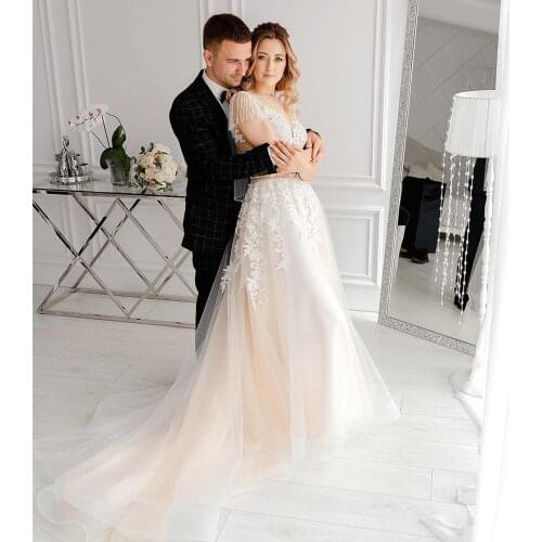 2020 Wedding Dress Light Champagne lace appliques V-neck Sweep Train Short sleeve Floor Length Tulle Low Back custom made